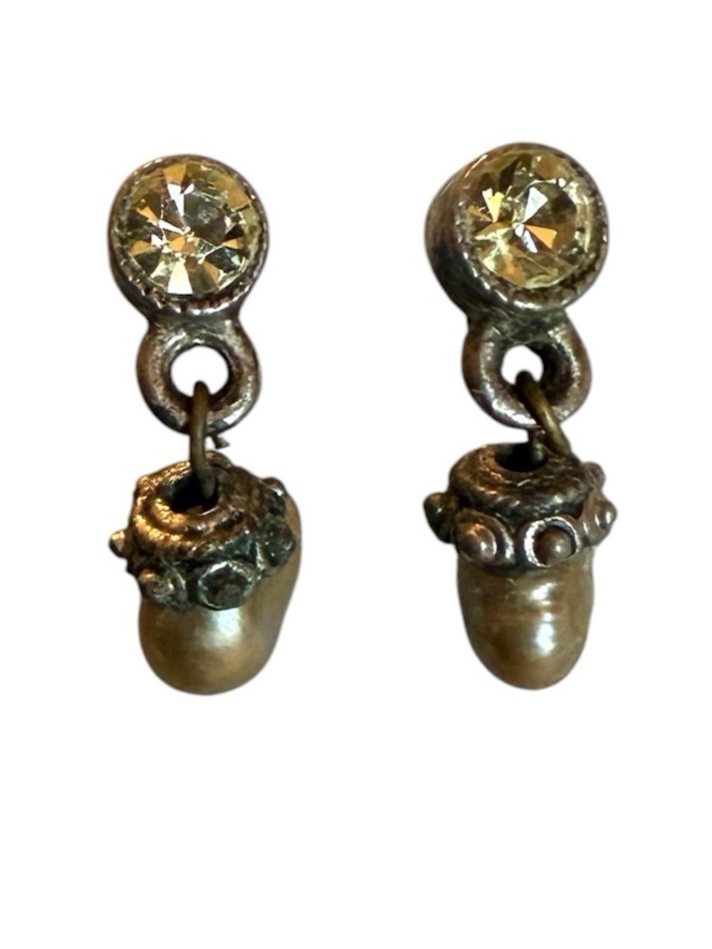 Gold-Tone Crystal Stud Acorn Drop Earrings - Unbranded